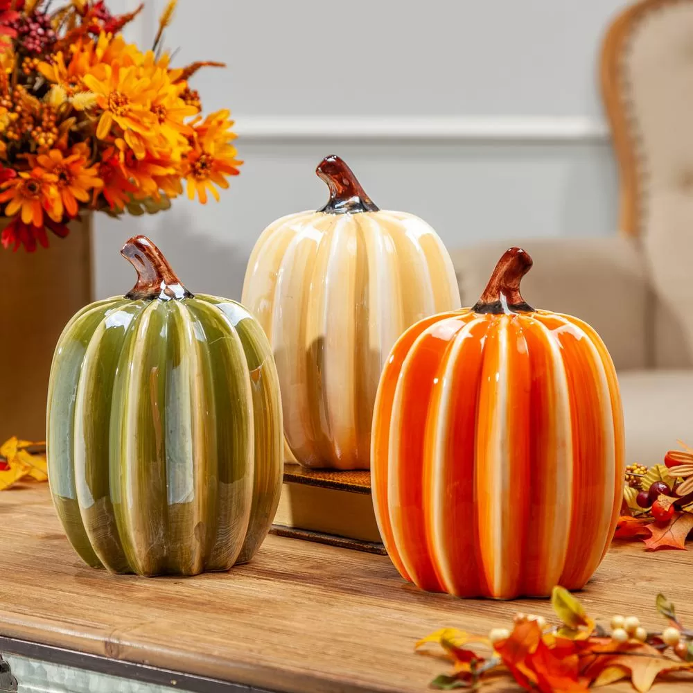 Gerson Assorted 8 Inch Ribbed Dolomite Harvest Pumpkins Set 3