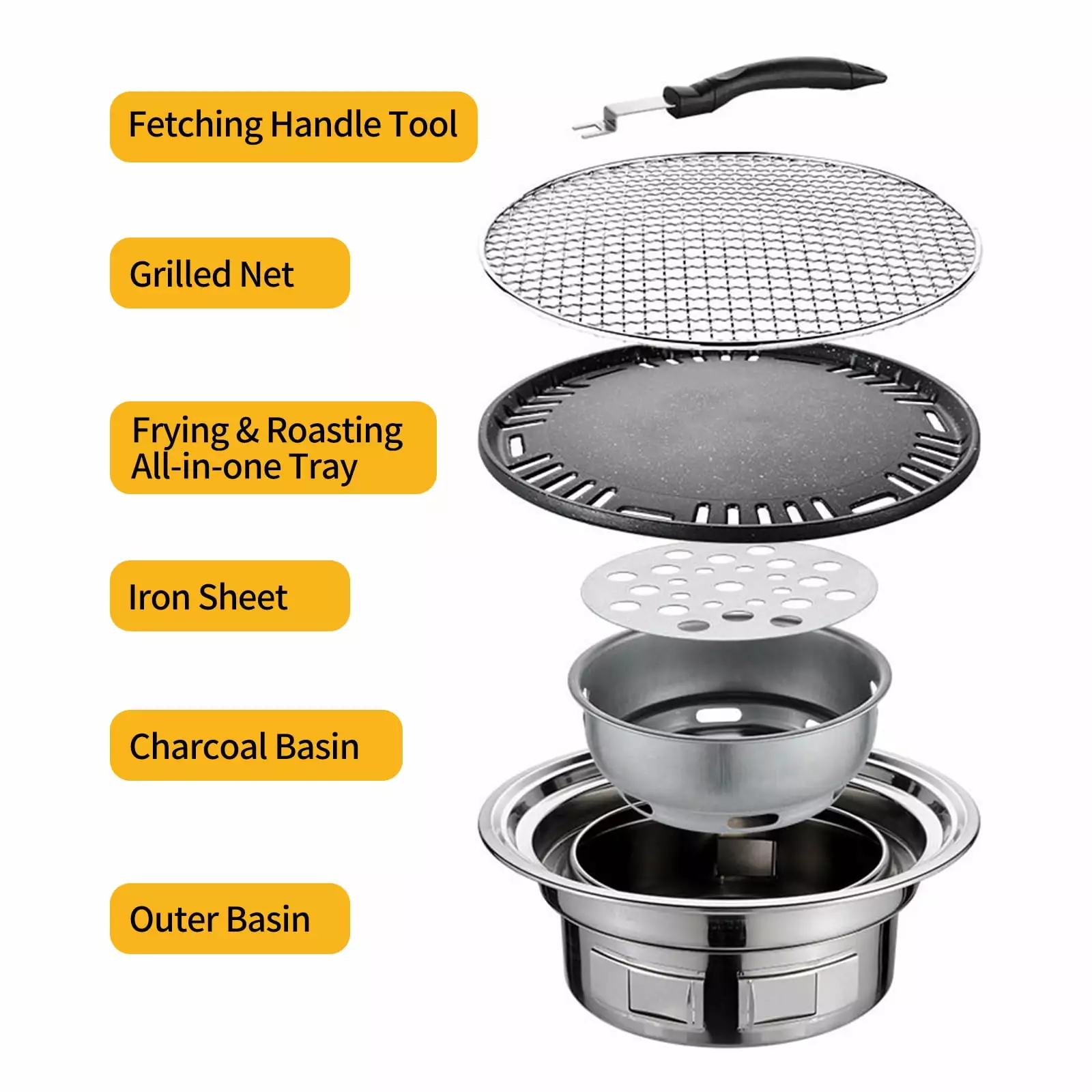 13 Inch Korean BBQ Grill - Multifunctional Charcoal Barbecue Round Camping Grill Net & Tray Courtyard Picnic Beach Carevas