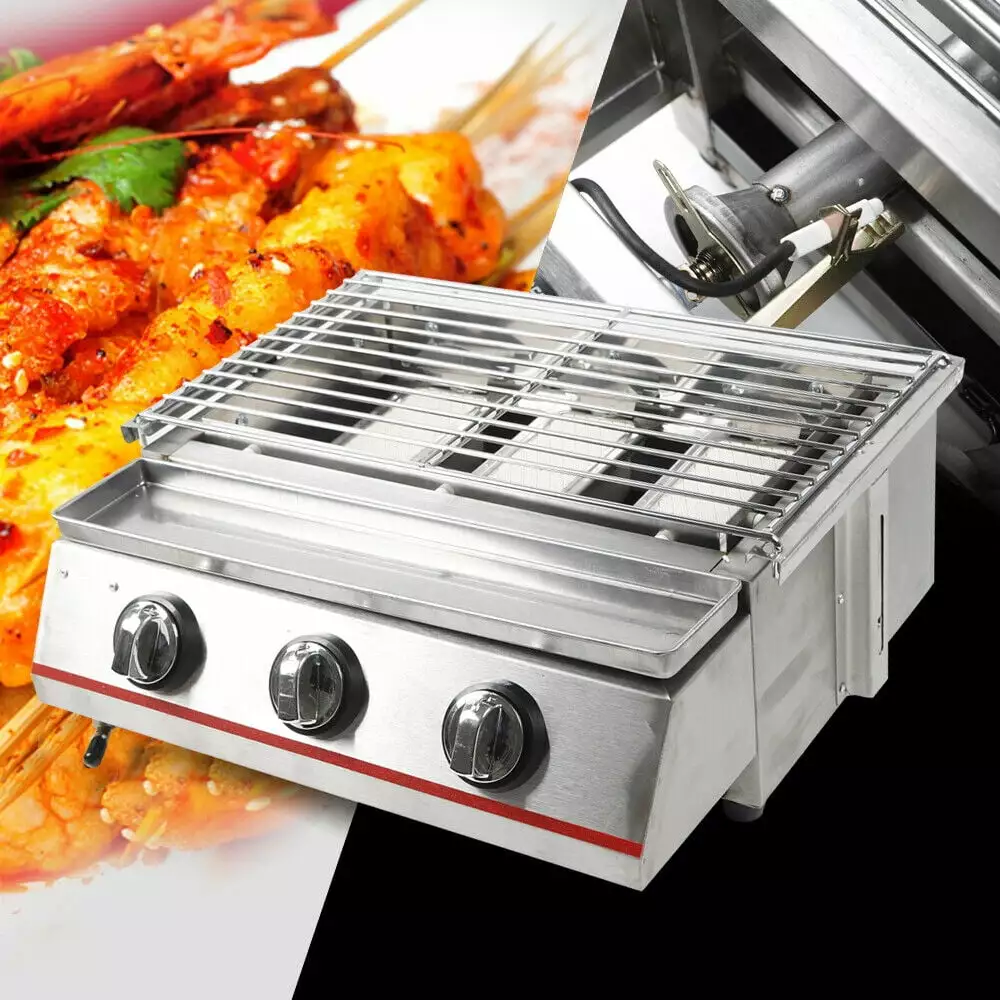 DENEST 3 Burner Gas Grill Picnic BBQ Table Top Camping Cooker Outdoor Smokeless Stainless Steel