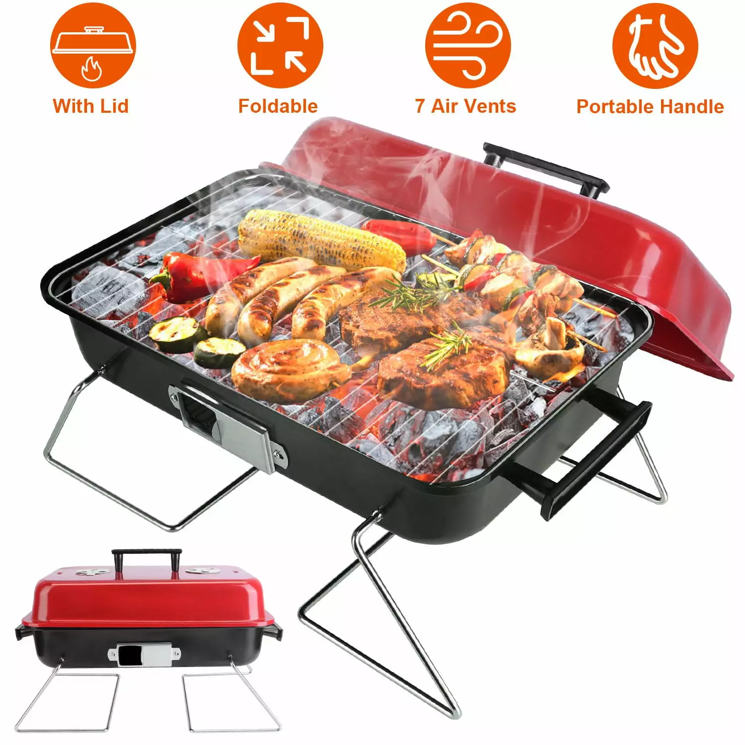 iMounTEK Folding Cooking Small Table Top BBQ Iron Grill Lid