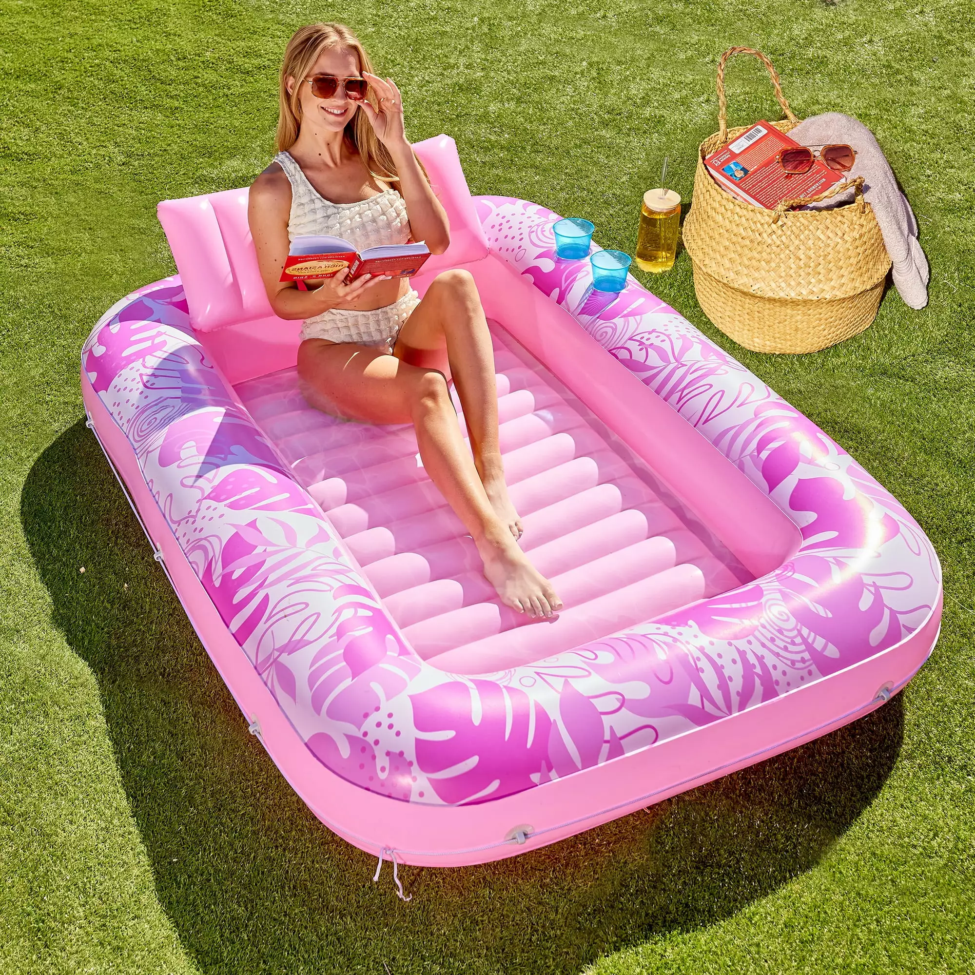 SYNCFUN Inflatable Tanning Pool Lounger Float 70x46 Large Suntan Tub Pillow Pink