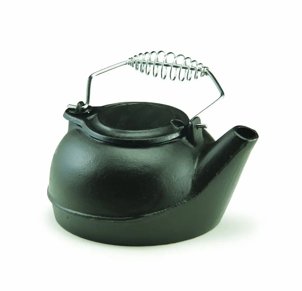 Vogelzang TK-02 Cast Iron Tea Kettle Cool Touch Chrome Spring Handle 3-Quart Capacity