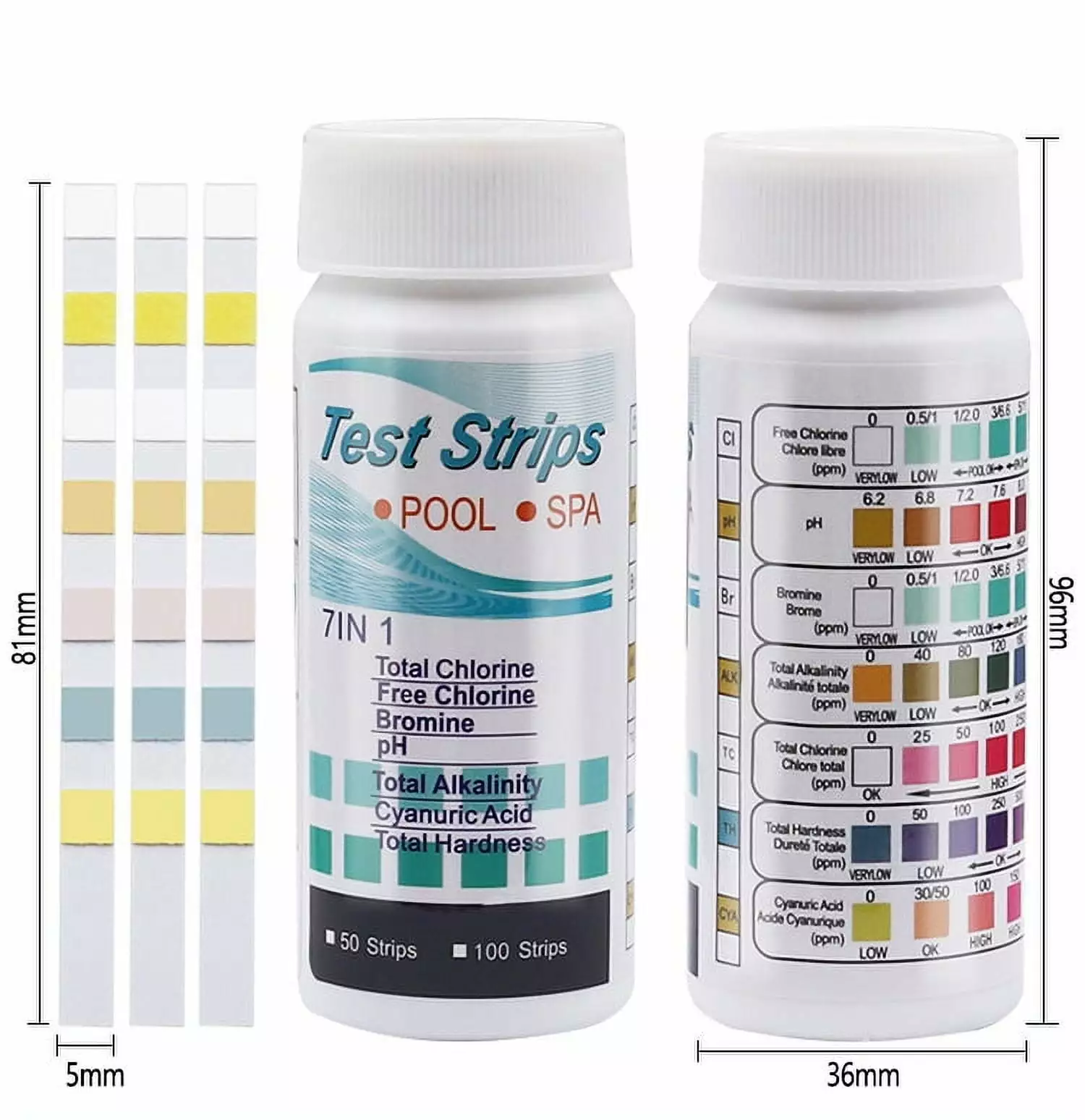100 Pool Test Strips Hot Tub Spa Fresh & Saltwater Testing pH Chlorine Cyanuric Acid Hardness Salt 1box