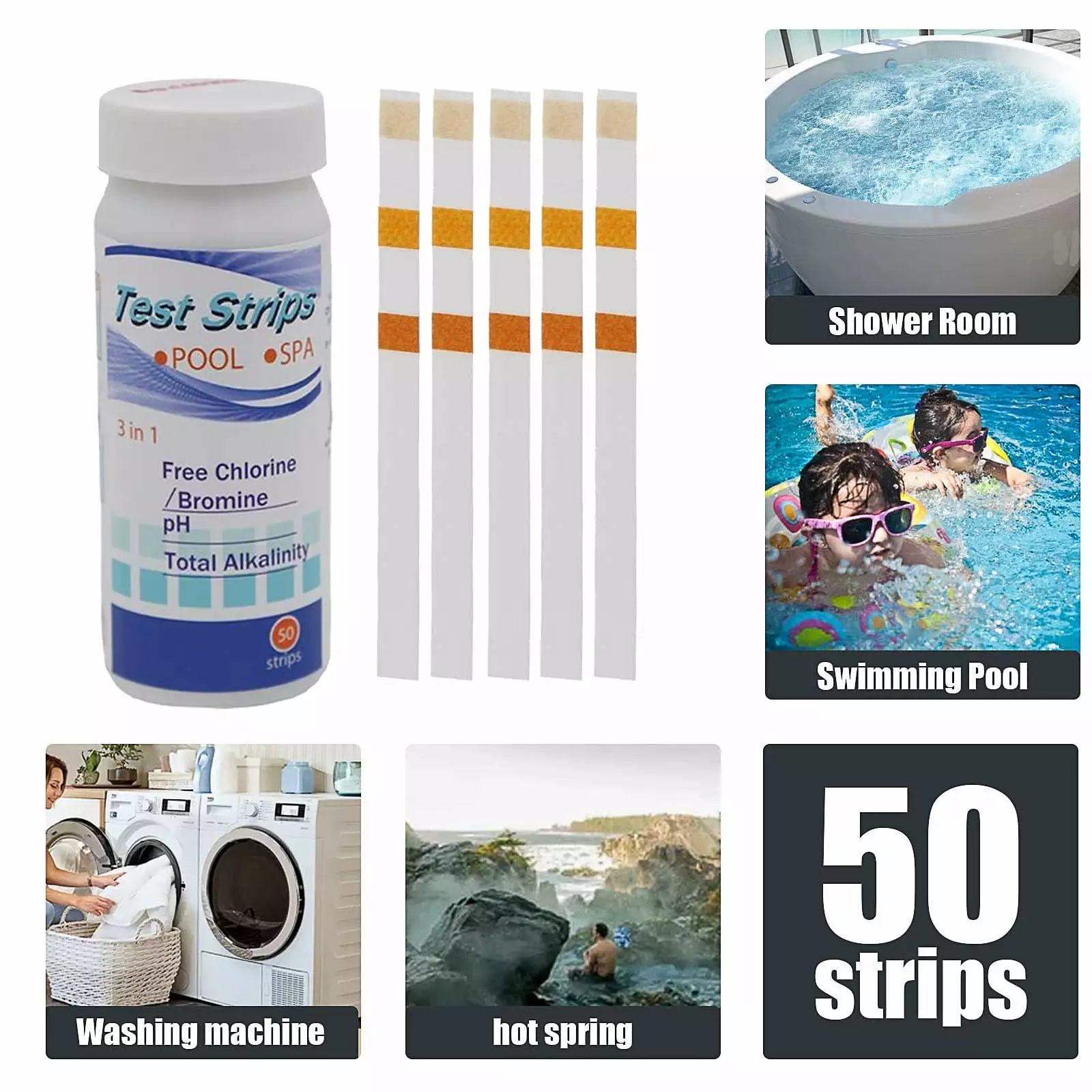50Pcs Pool and Spa Test Strips 3--1 Free Chlorine Bromine PH and Total Alkalinity