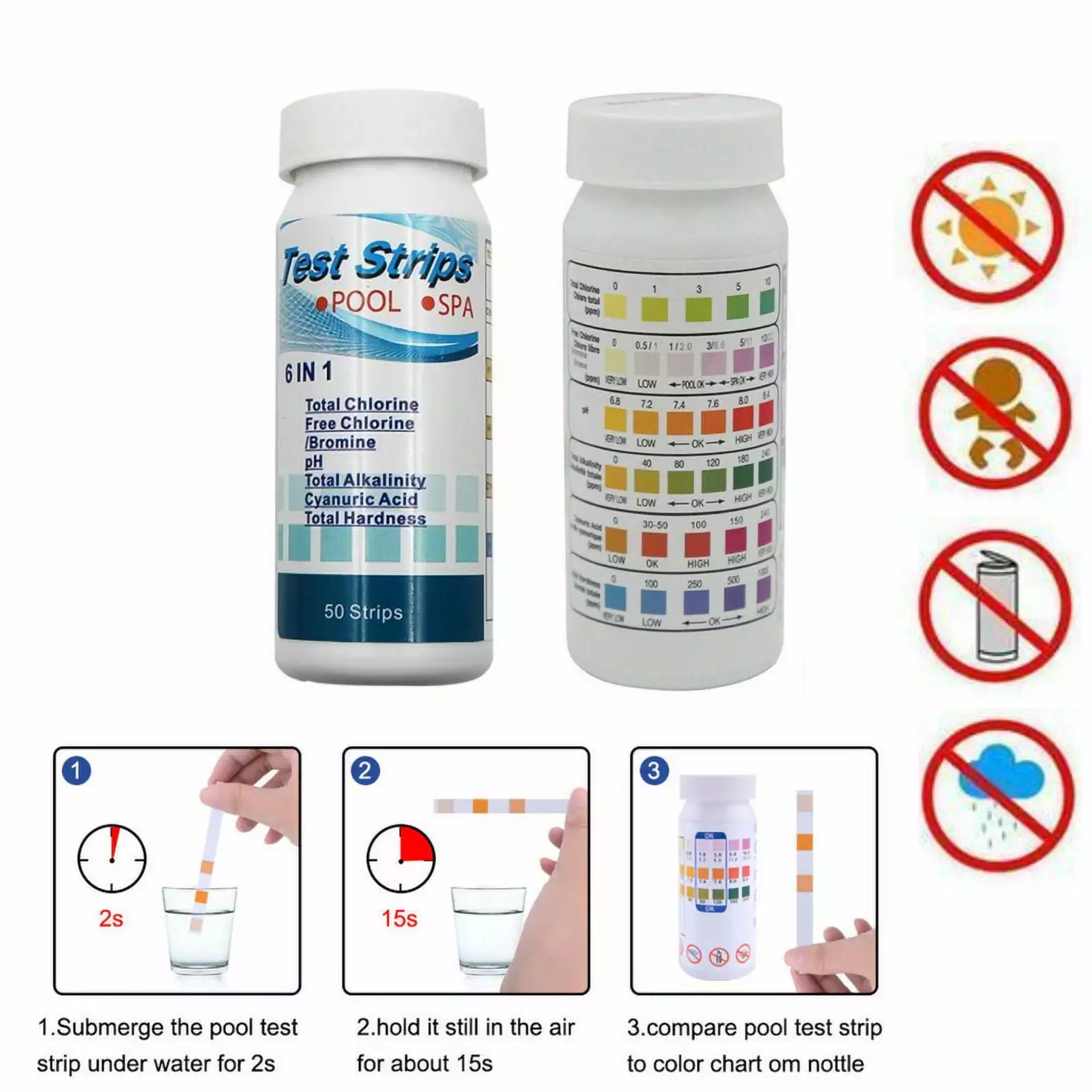 6 1 Chlorine Dip Pool Test Strips Hot Tub Swimming Pool & Spa 50Pcs