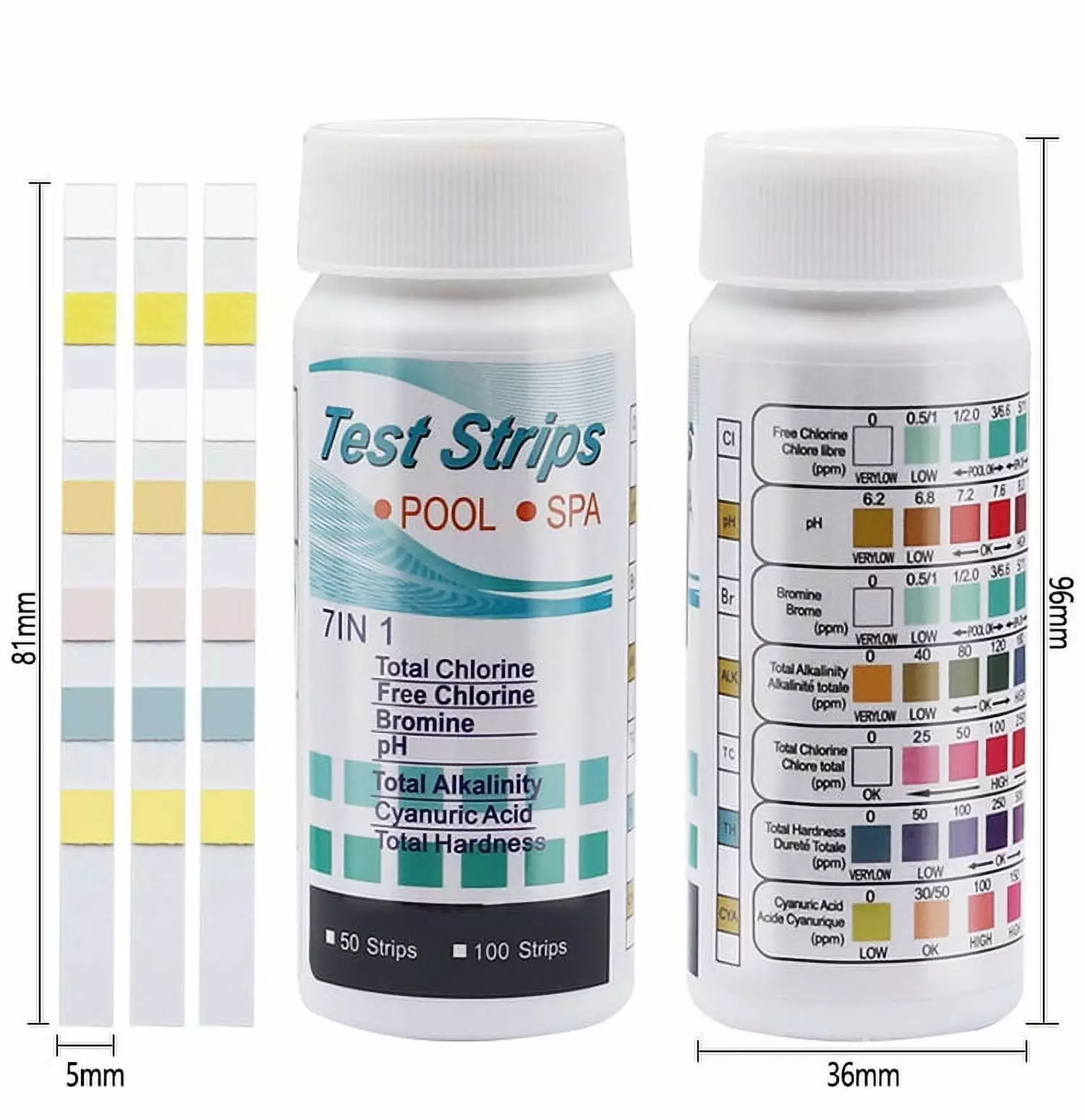 7 1 Pool Test Strips - 50 Pieces Chlorine Dip Test Strips Hot Tub, SPA, and Swimming Pool pH Tester 1box
