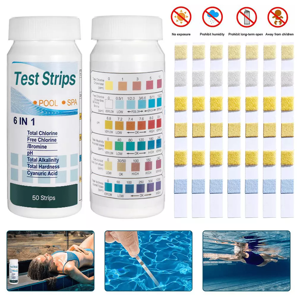 SUGARDAY 6-Way Pool Test Strips Salt Water Chlorine pH Swimming Pool Drinking Water Test Kit 50 Strips