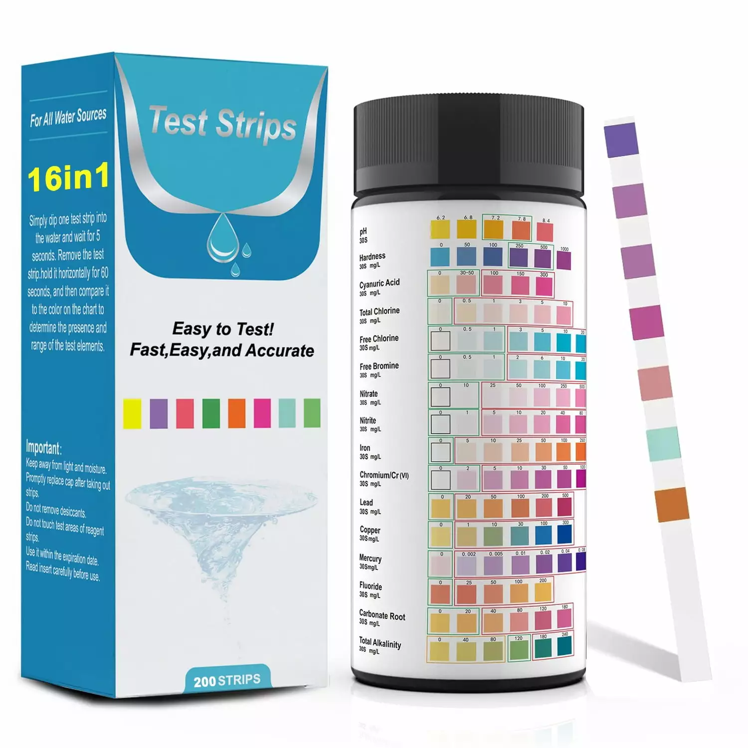 16 1 Water Test Strips 200 PCS Drinking Well Tap Pool Water Testing Kit Detects pH Hardness Lead Chlorine Nitrate Iron 100pcs
