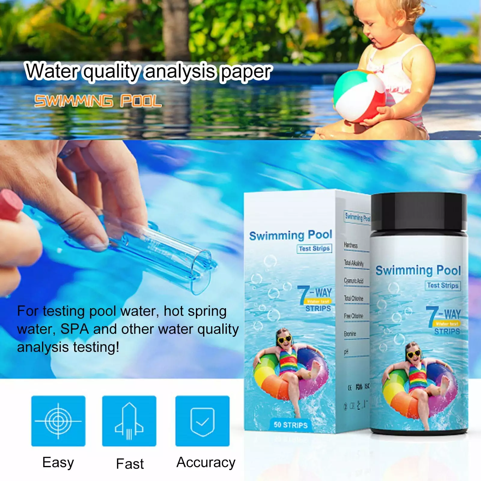 Yanerim 50/100Pcs Pool Test Strips 7 1 Spa Test Strips Hardness Chlorine Bromine and PH 100pcs