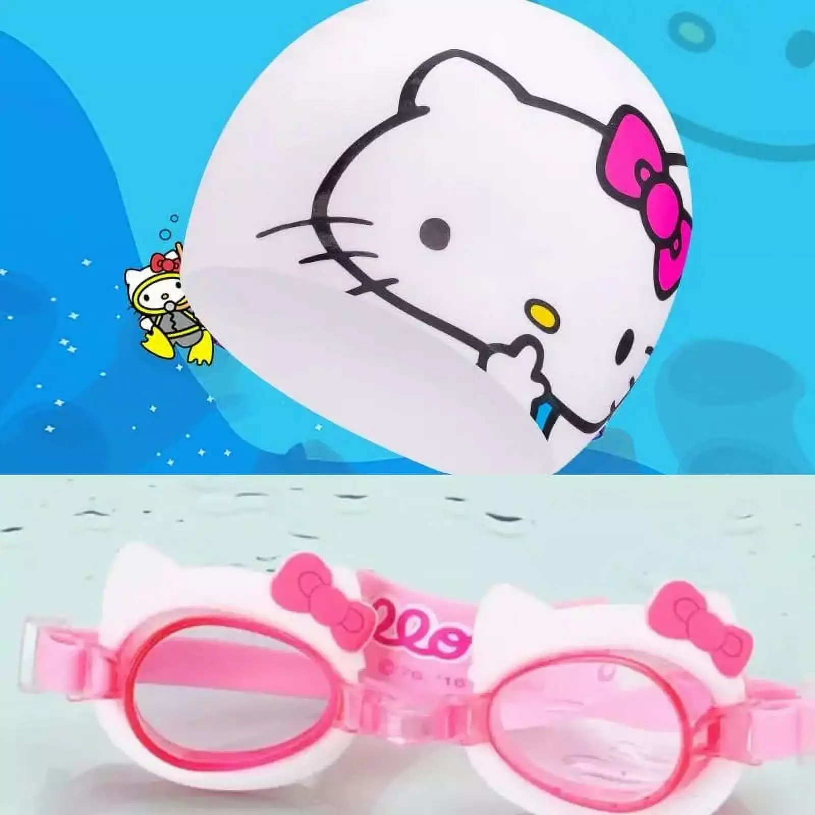 Sanrio Kawaii Hello Kitty Goggles Cartoon Cute Waterproof Anti-Fog Baby Swim Eyewear Cap Set Gift
