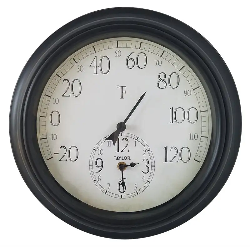 Taylor 91575 Easy-to-Read Thermometer Clock Quartz 14 Inch Indoor Outdoor