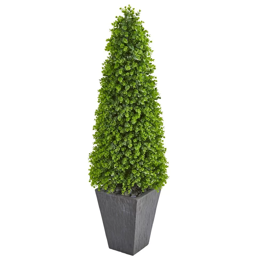 Nearly Natural Indoor Outdoor 57 Inch Eucalyptus Topiary Artificial Tree Slate Planter