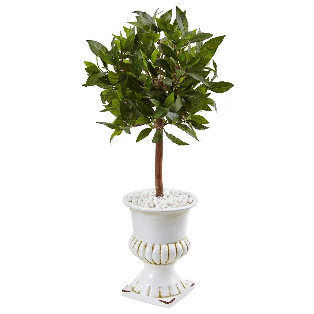 Nearly Natural Indoor Sweet Bay Mini Topiary Artificial Tree White Urn