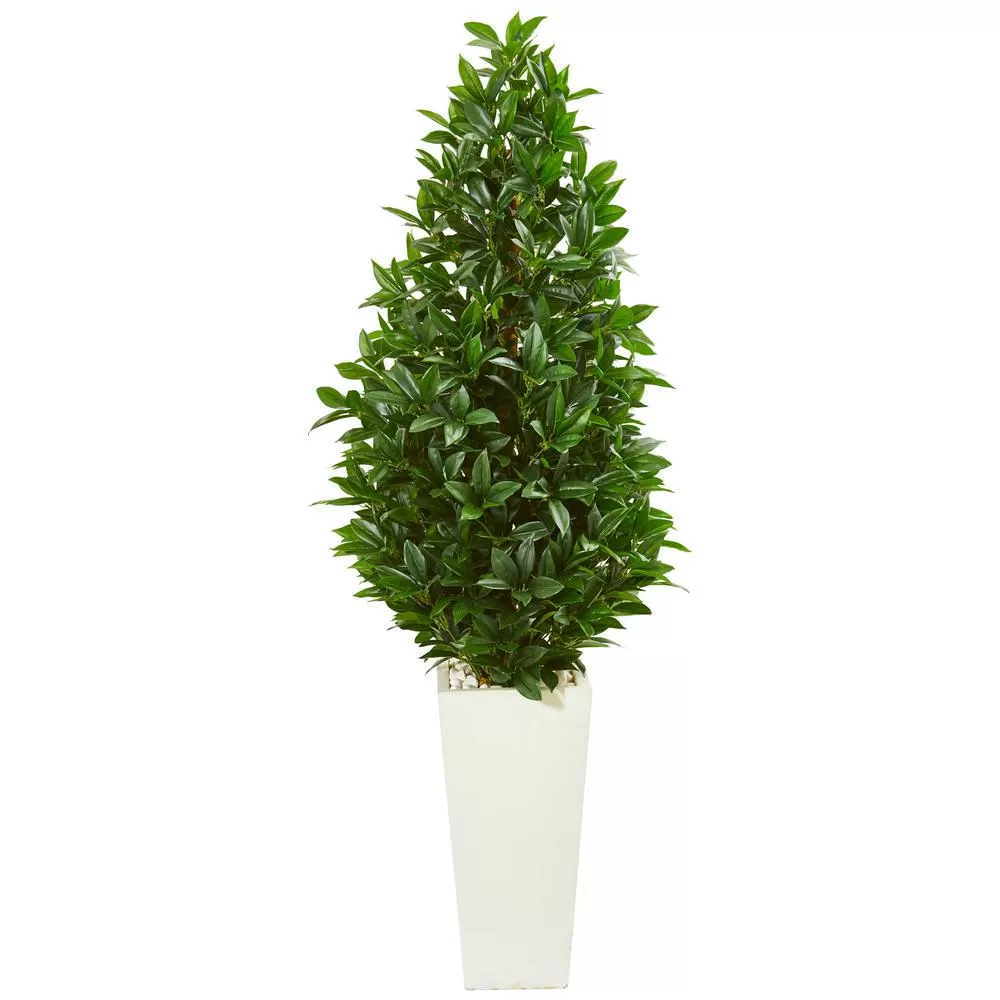Nearly Natural 63 Inch Bay Leaf Cone Topiary Artificial Tree White Planter