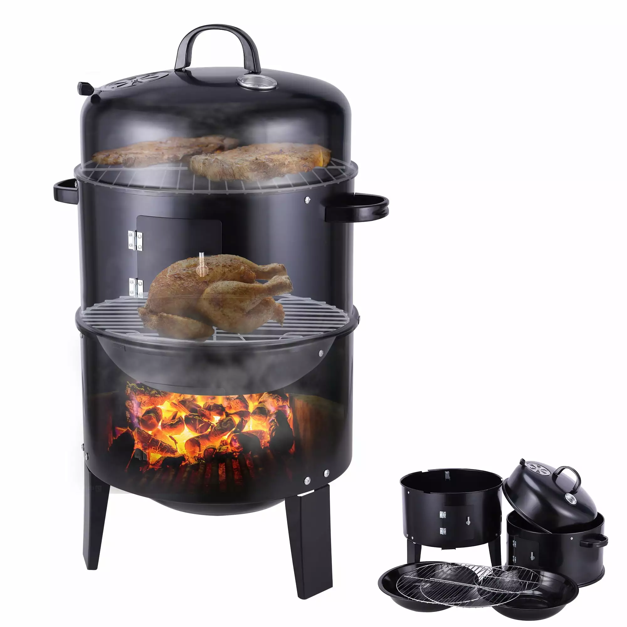 DODOING Vertical Charcoal BBQ Smoker 3--1 Round Charcoal Barbecue Grill 2 Cooking Area and Thermometer Outdoor Camping Pic...