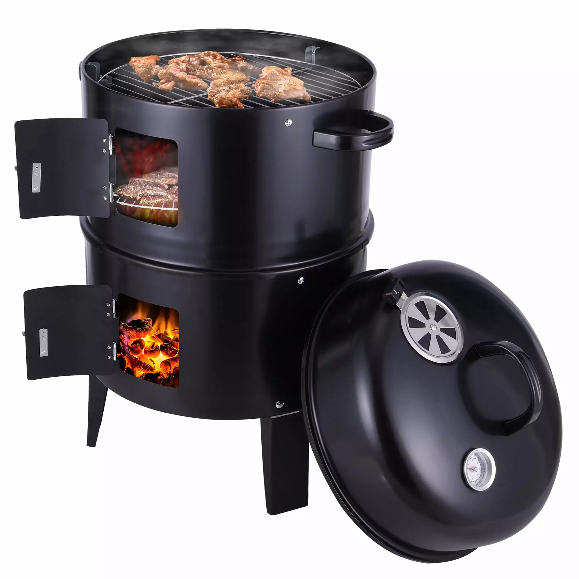 FOCUSSEXY Vertical Charcoal BBQ Smoker 3--1 Round Grill 2 Cooking Areas and Thermometer