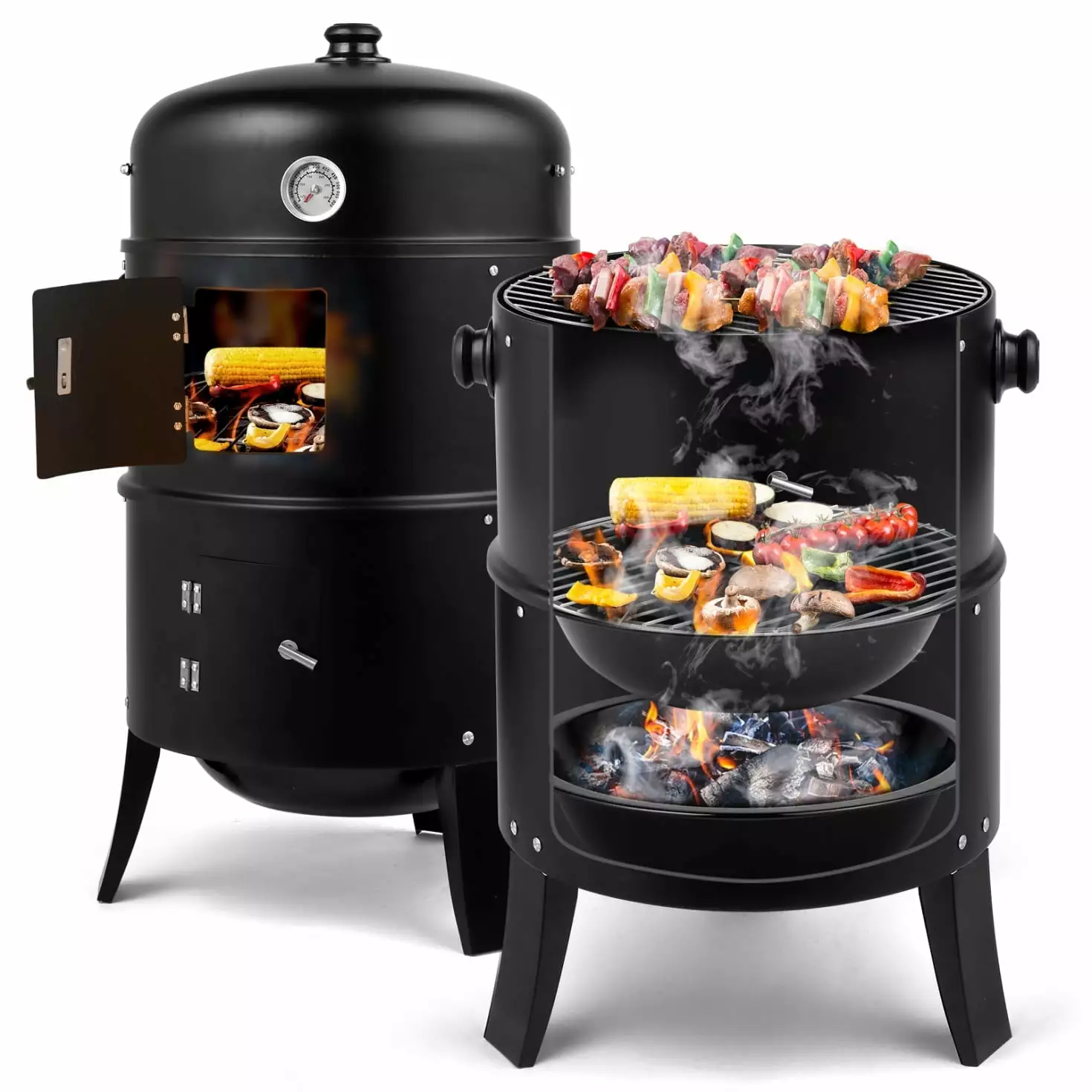 3--1 Vertical Multi-Layer Charcoal BBQ Smoker 31 x 16 x 19 Inch Outdoor Grill Built- Thermometer Backyard Cooking voqoomkl