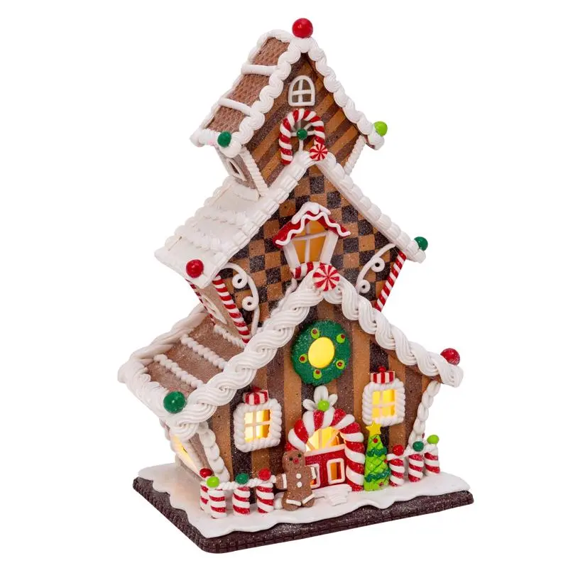 Gerson LED Multicolored Lighted Claydough Gingerbread Christmas Village 13 Inch