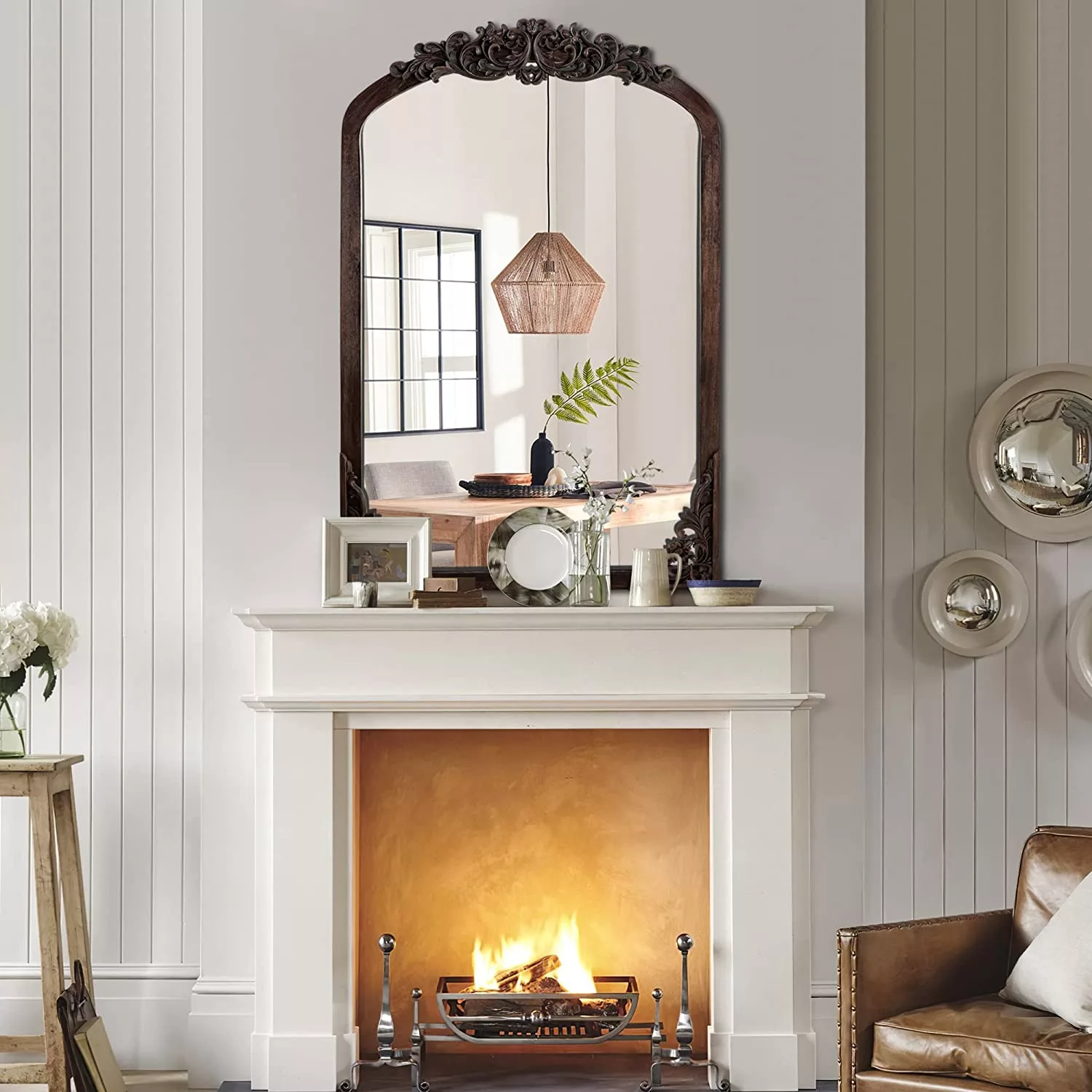 ZHANHAO Arched Wall Mirror Vintage Carved Mirror Farmhouse Rustic Mirror Solid Wood Frame Wall-Mounted Mirror Charcoal Gri...
