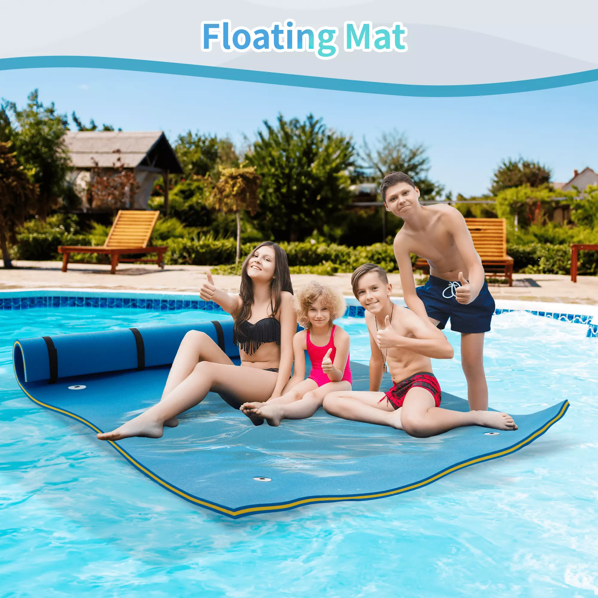 AVAWING 9 x 6 ft Water Floating Mat Pool Foam Pad 3 Layer Float Mat Blue & Yellow 18