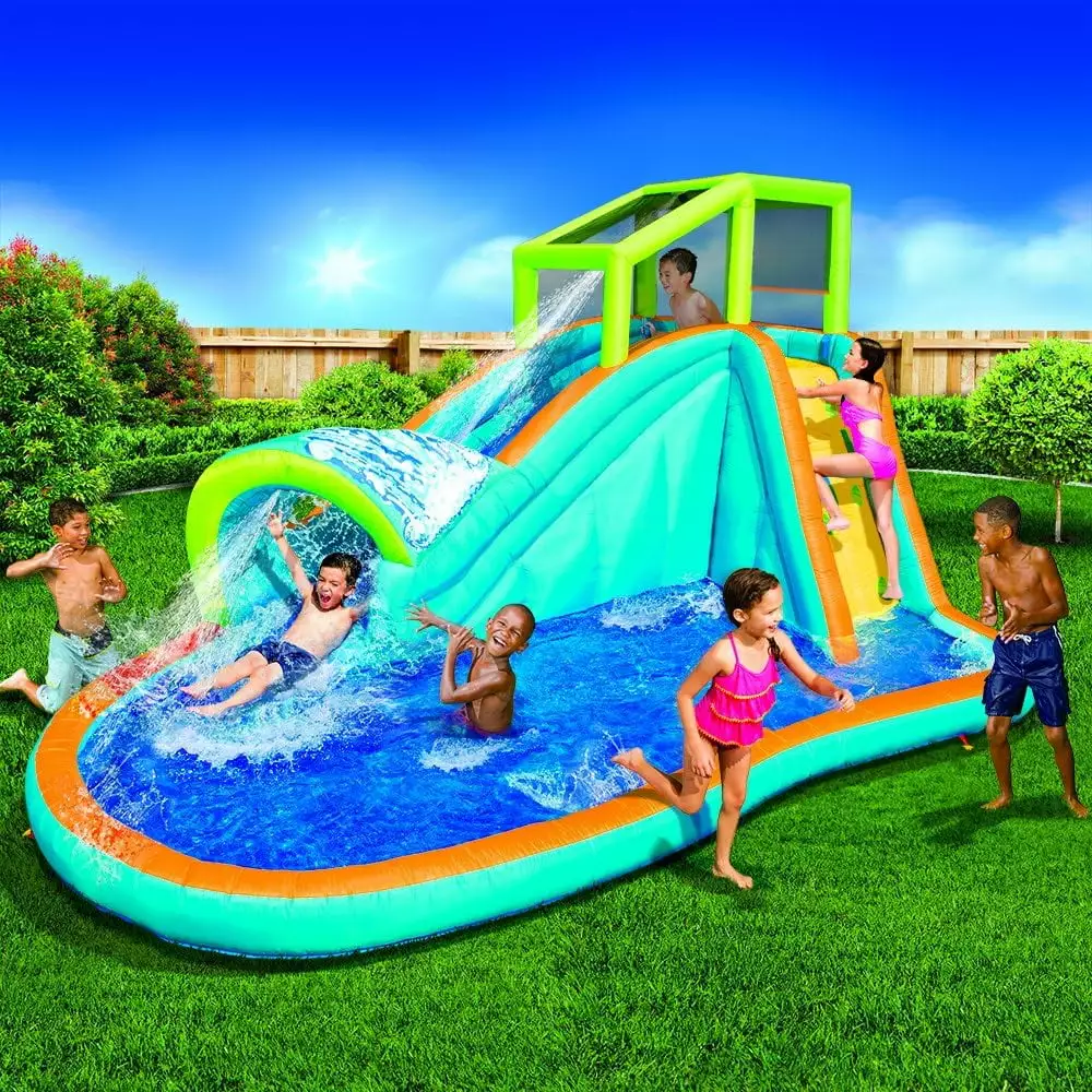 Banzi Inflatable Water Slide - 14 Feet Long 8 Feet High Kids Pool Built- Sprinkler Wave and Water Wall