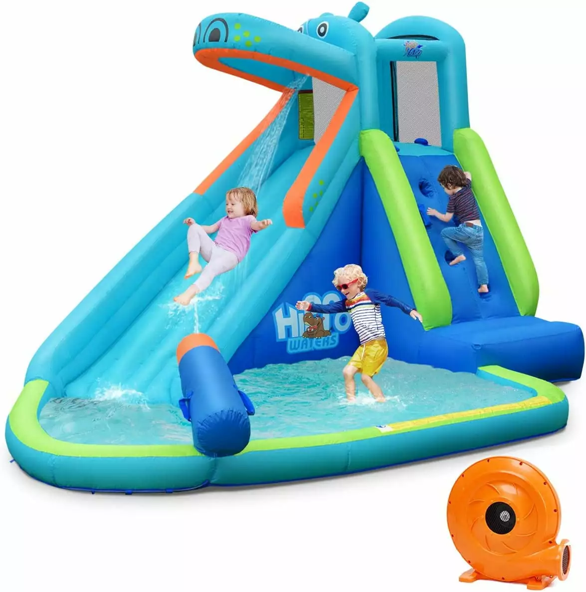 Inflatable Water Slide Hippo Themed Water Slides Kids Backyard Long Slide 740W Blower Splashing Pool Water Cannon