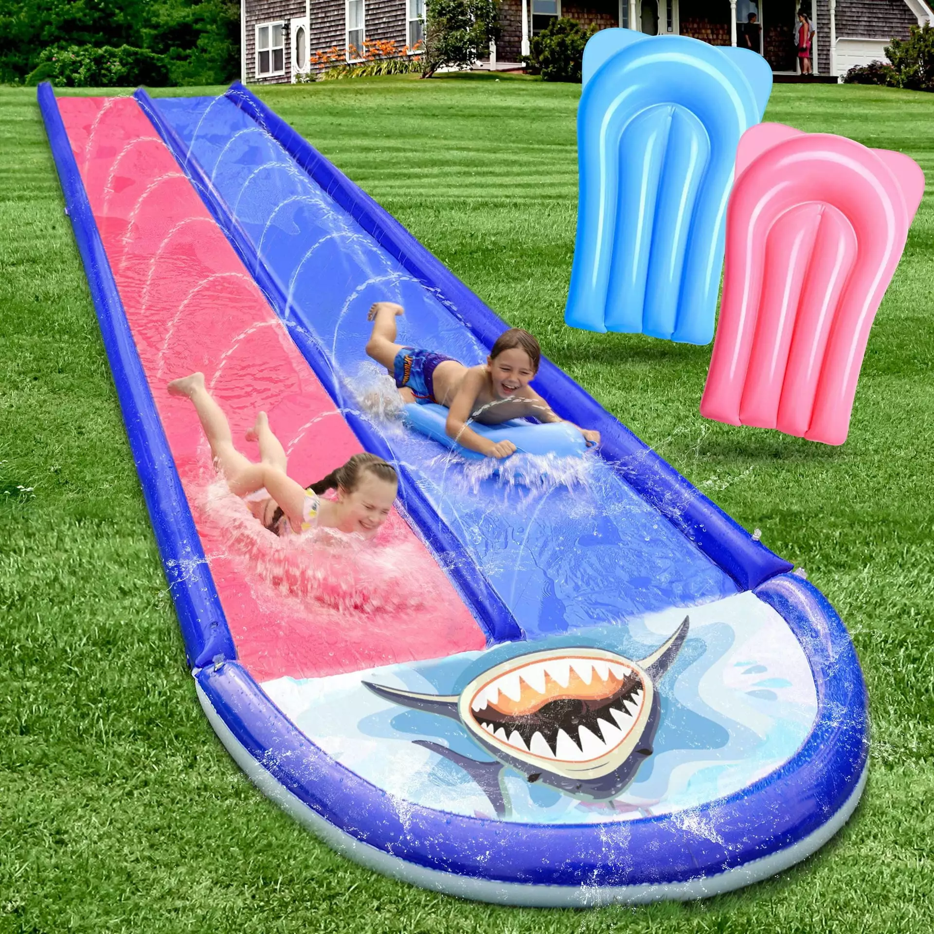 Inflatable Water Slide Sprinkler and 2 Bodyboards - Summer Backyard Toy Kids Built- Sprinkler