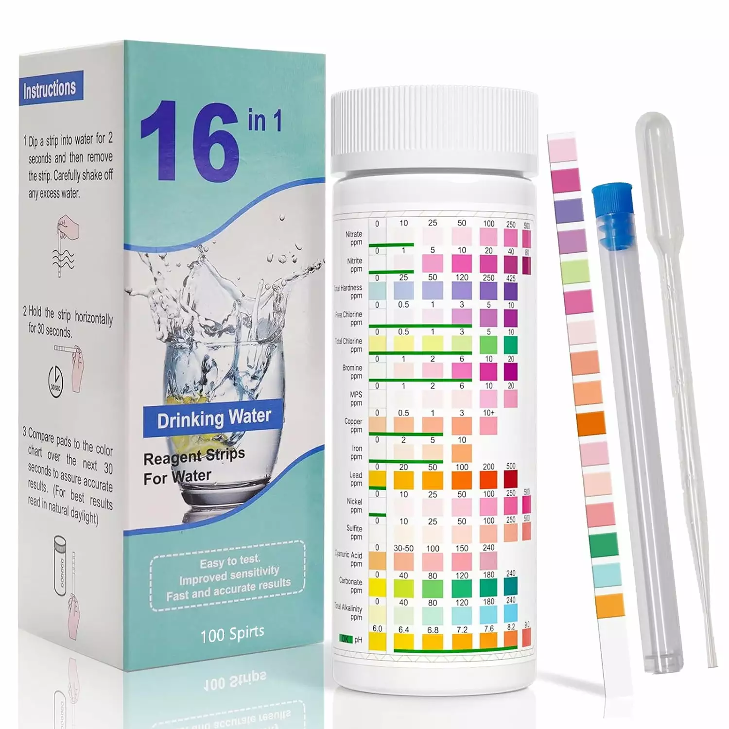 Wiher 16 1 Water Testing Strips 100 Strips Home Water Quality Test Kit pH Hardness Chlorine Lead Iron Copper 100