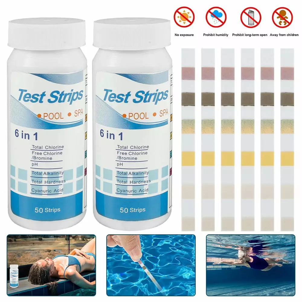 MTFun 6--1 Pool and Spa Test Strips 100 Count Kit Chlorine pH Bromine Chemicals 2pcs