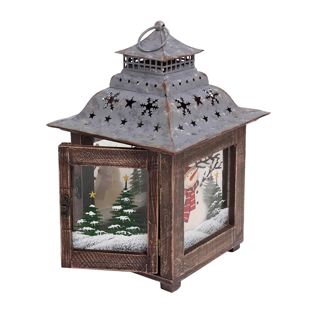 Hardwood Lantern Tin Roof and Snowman Scene, 11''
