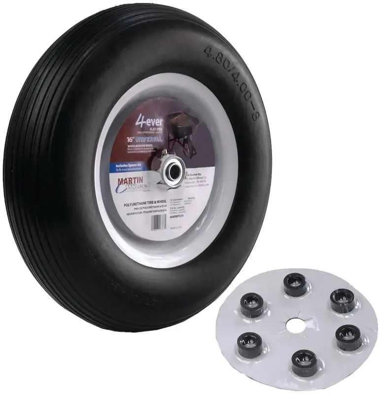 MARTIN Wheel 408RBPU31 Wheelbarrow Wheel Universal Hub, 4.8 x 4/8 Tire, 16 , Ribbed Tread, Flat Gratis