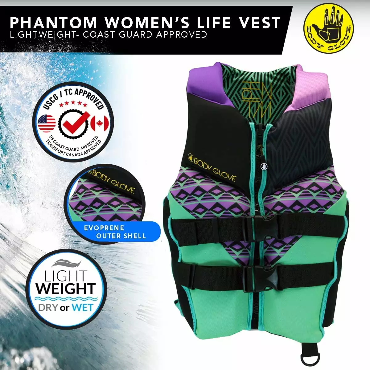 Body Glove Phantom Women's PFD Adult Life Jacket Extra Large Aqua Purple USCG Approved