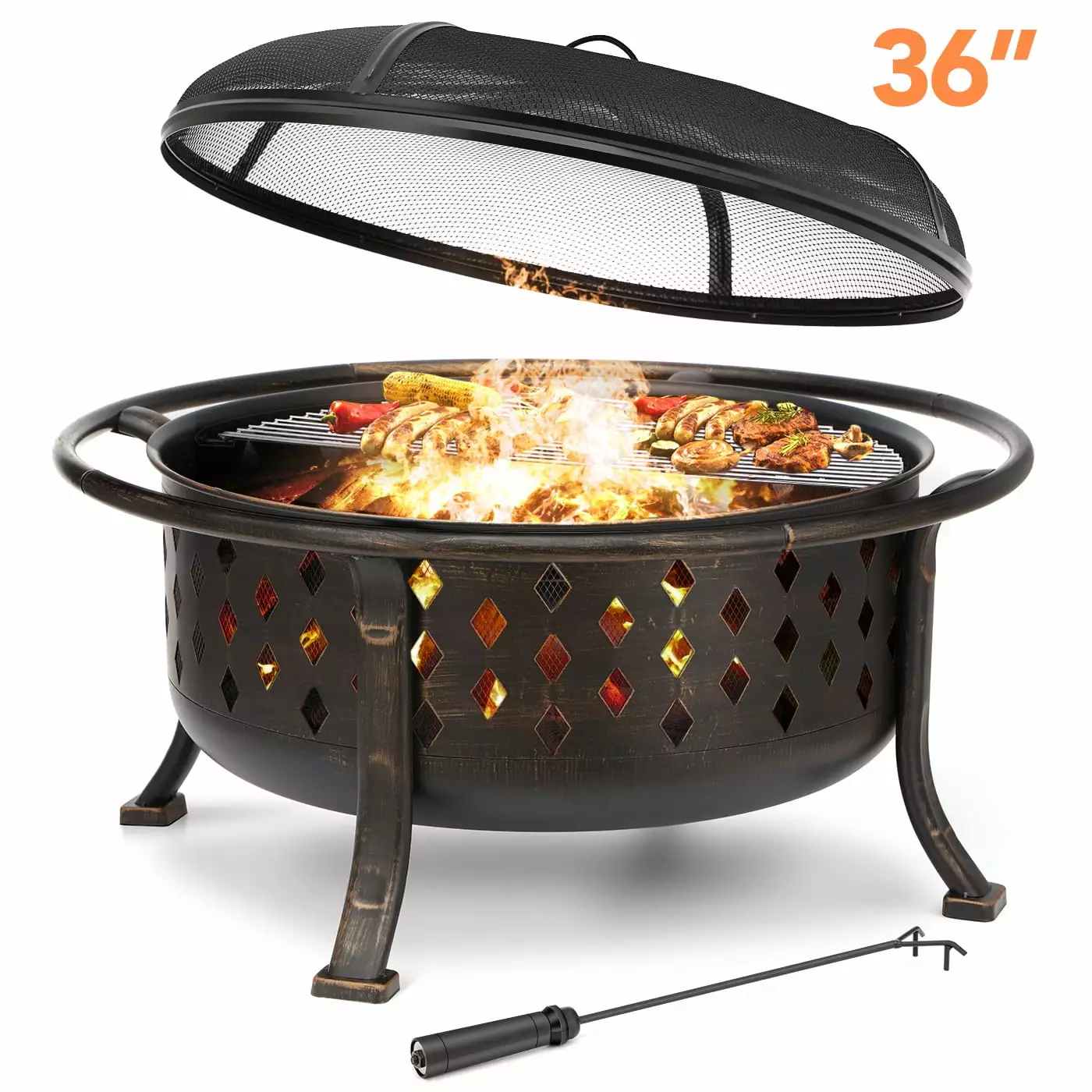 Singlyfire 36 Inch Wood Burning Fire Pit Outside Cooking Grill Grate and Spark Screen