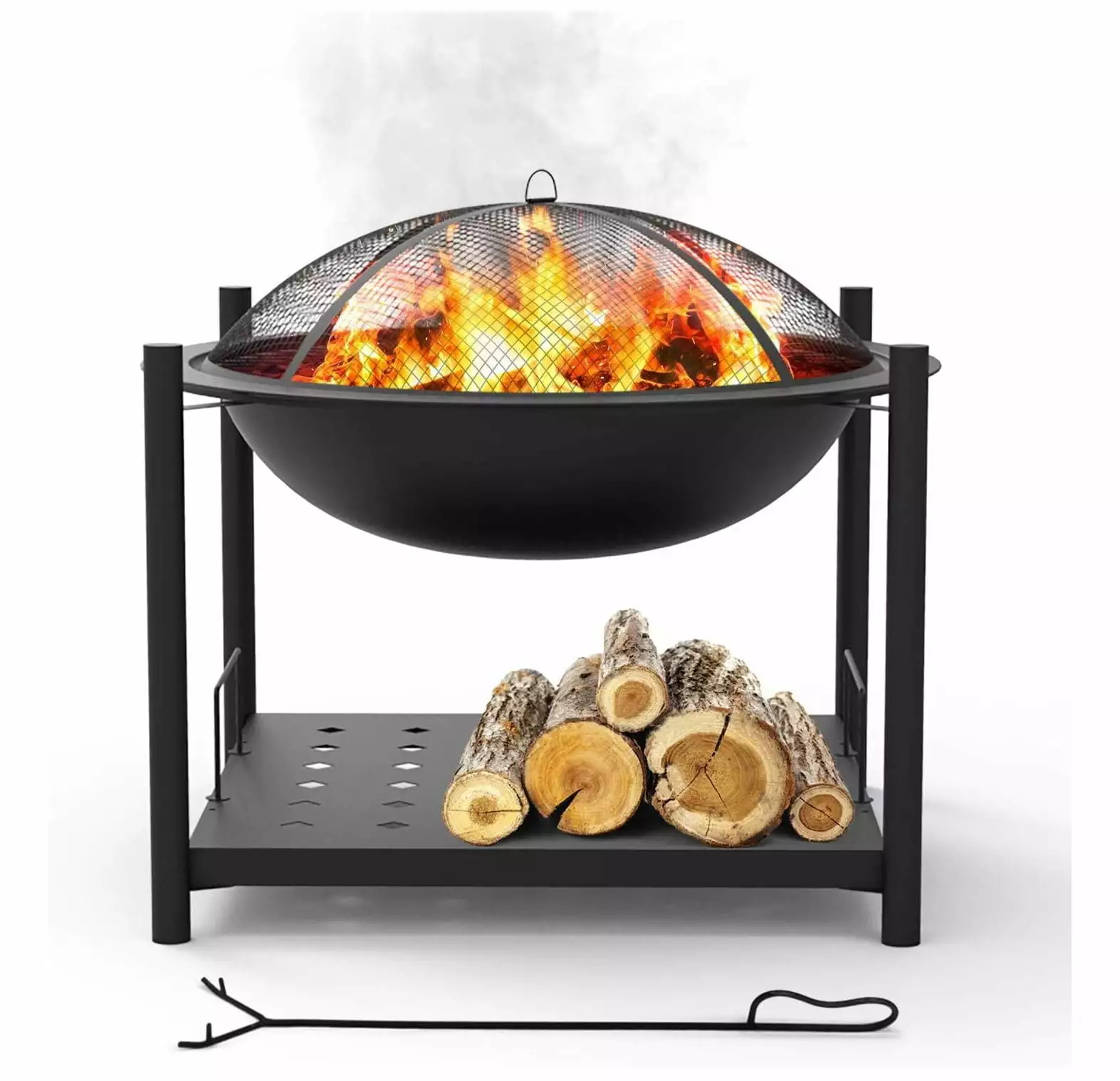 CintBllTer Travel-friendly Outdoor Wood 2--1 Steel BBQ Grill 26 Wood Burning Bowl Mesh Screen Cover Log Grate Wood Fire Ca...