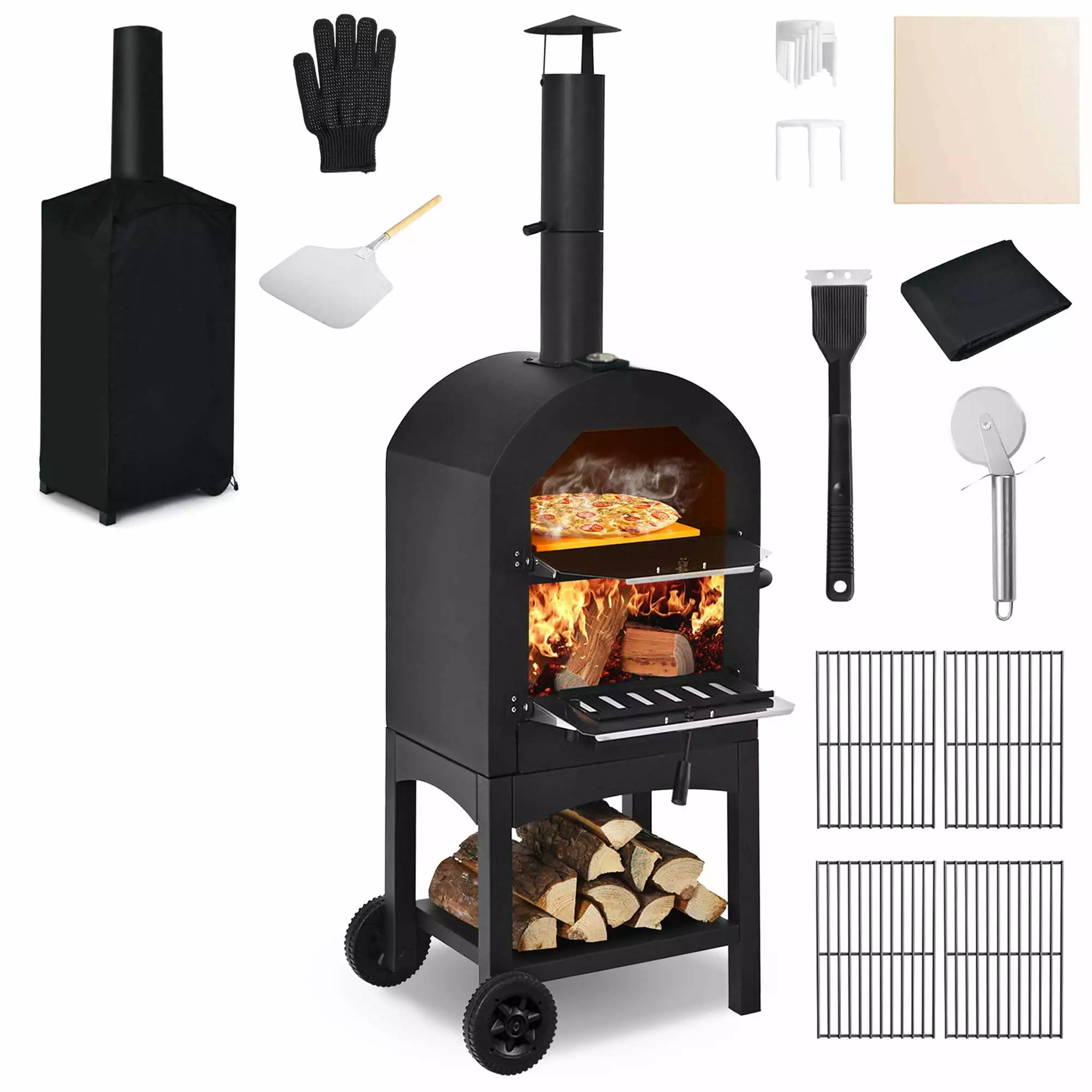 Costway Outdoor Pizza Oven Wood Fire Pizza Maker Grill Pizza Stone & Waterproof Cover