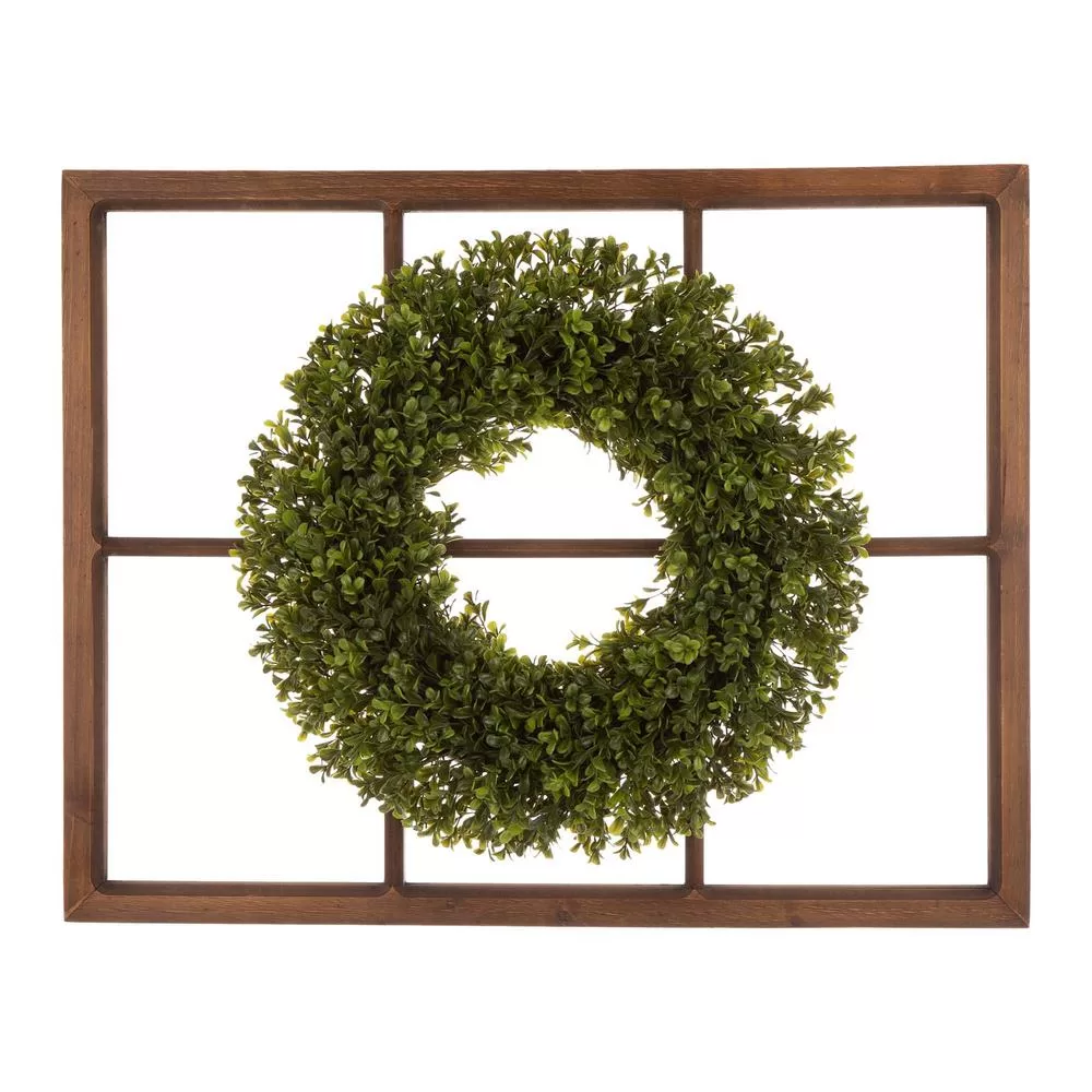Glitzhome 18 Inch Boxwood Wreath 28 Inch Wooden Window Frame