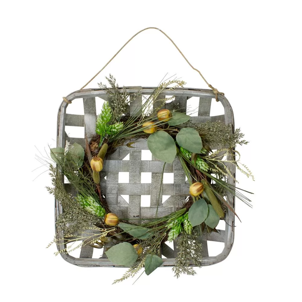 Northlight 16 Autumn Harvest Green Hop and Cattail Grapevine Wreath Wooden Tray Hanger