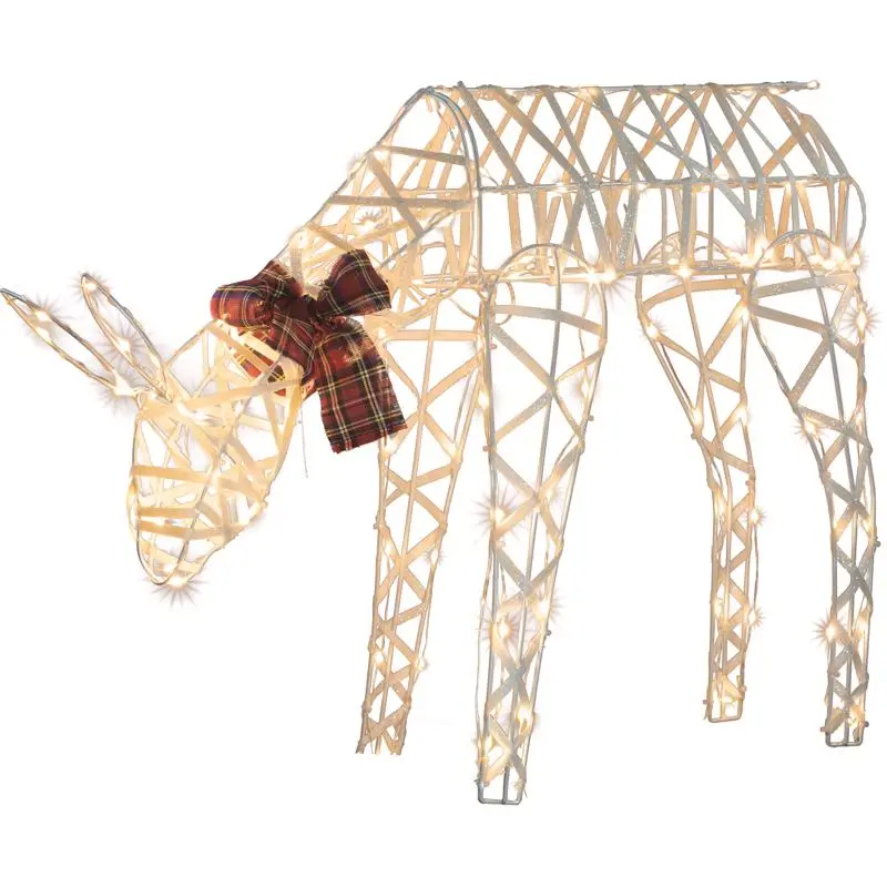 Sienna LED White 3D Wire Deer Red Plaid Bow 2 ft Christmas Yard Decor