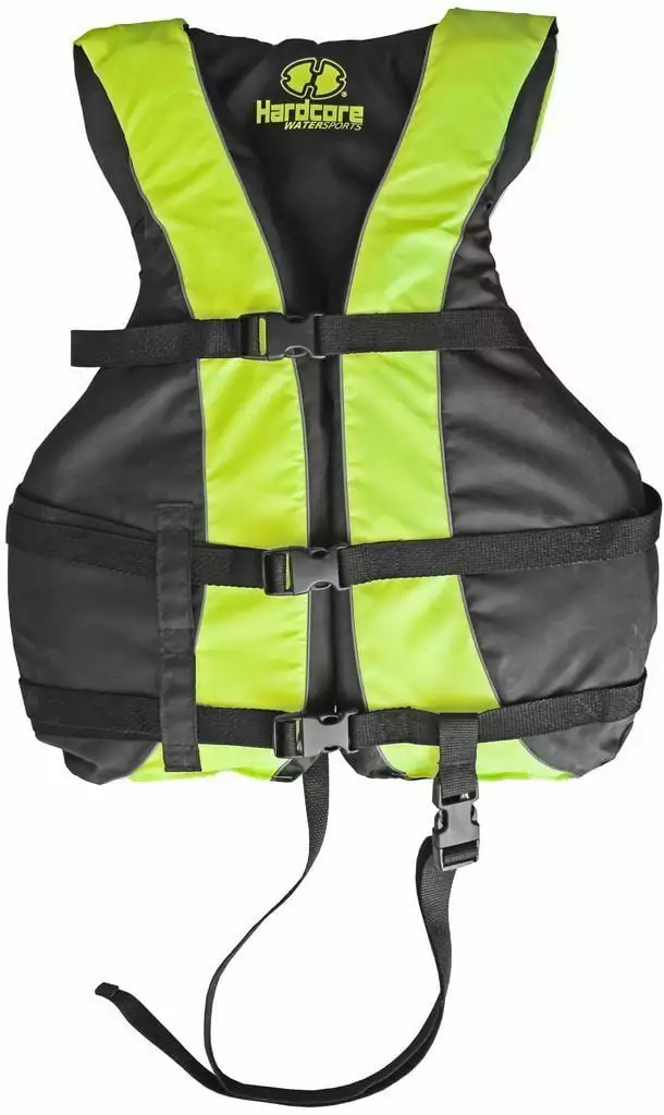 Hardcore Water Sports High Visibility Youth Life Jacket Vest Leg Strap Yellow USCG Approved